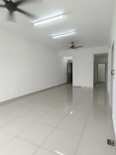 Living features: white painted walls, glossy ceramic tile flooring, 2 ceiling fans, recessed LED downlights, open layout, large windows, neutral color scheme, no visible furniture; style: modern. Room features: white painted walls, glossy ceramic tile flooring, doorway leading to other rooms.