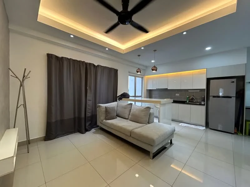 Living features: grey fabric sofa, coffee table, ceiling fan with light, recessed LED downlights, white painted walls, tile flooring, floor-to-ceiling windows, blackout curtains, kitchen island with seating, stainless-steel fridge, built-in kitchen cabinetry, sink with gooseneck faucet; style: modern.