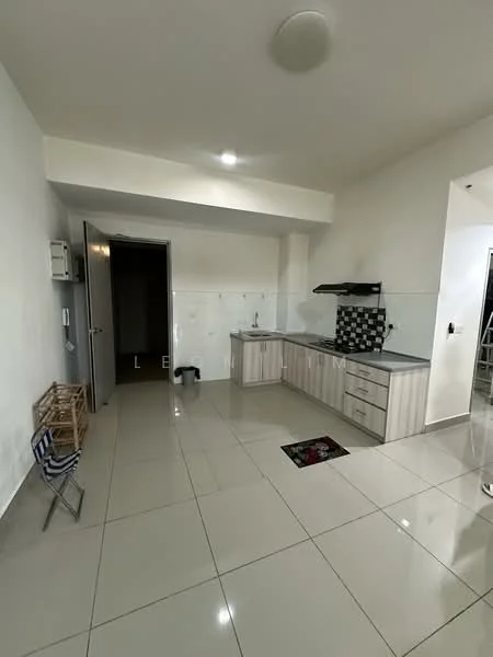 Kitchen features: white painted walls, glossy tile flooring, kitchen cabinets in light wood, black and white tiled backsplash, stainless-steel sink, chrome pull-down faucet, built-in stove with hood, countertop space, recessed lighting, open layout, window for natural light; style: modern.