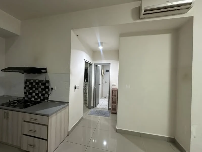 Kitchen features: grey countertop, stainless-steel gas hob, white cabinets with wood accents, black and white checkered backsplash, white tiled walls, grey floor tiles, wall-mounted air conditioning unit, open layout to hallway; style: modern. Room features: white painted walls, grey floor tiles, doorway leading to hallway.