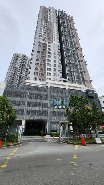 Exterior type: high-rise condominium; features: glass curtain wall, white painted facade, exposed concrete facade, recessed balconies, vertical fins, manicured lawn, mature trees, paved driveway, guard house at entrance, CCTV cameras visible; style: modern.