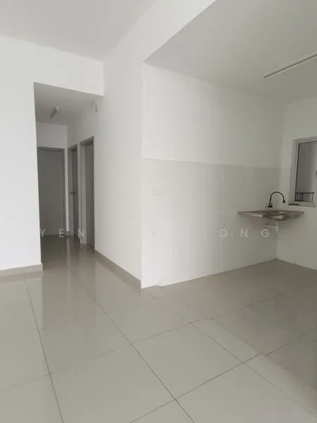 Room features: white painted walls, glossy tile flooring, single-bowl stainless-steel sink, wall-mounted faucet, open layout, natural light from window, no visible cabinetry, no visible appliances; style: modern.