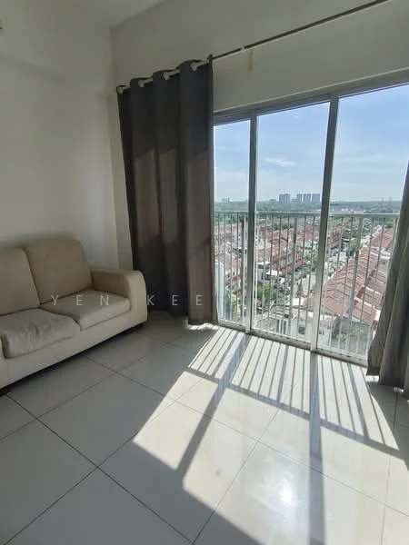 Living features: beige fabric sofa, floor-to-ceiling windows, grey curtains, white painted walls, glossy ceramic tile flooring, natural light, city view, balcony access; style: modern; view: city.