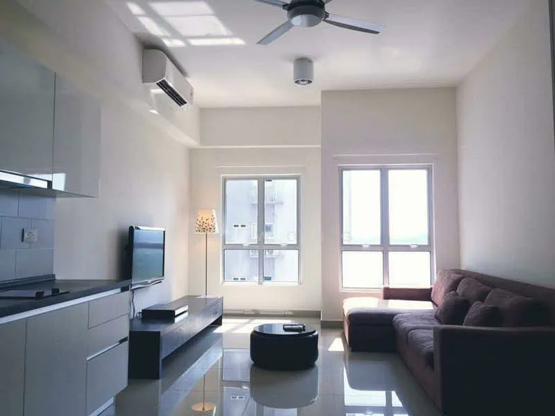 Living features: 3-seater fabric sofa in beige, coffee table, wall-mounted TV, TV console, floor-to-ceiling windows, white painted walls, polished tile flooring, 1 wall-mounted split AC, ceiling fan, lamp with decorative shade, natural light from windows; style: modern; view: city.