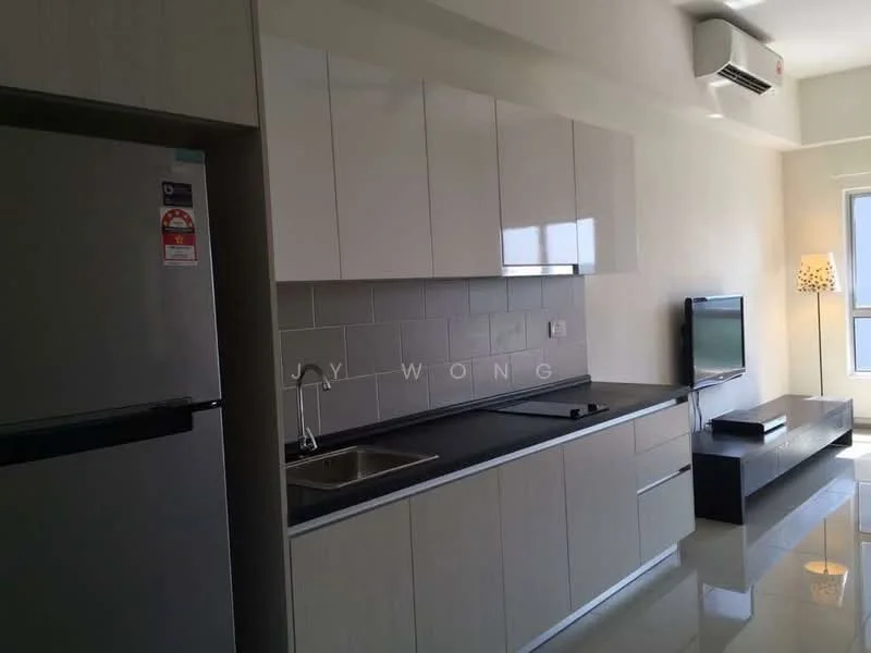 Kitchen features: stainless-steel fridge, single-bowl stainless-steel sink, chrome pull-down faucet, black countertop, white flat-panel cabinets, grey tile backsplash, wall-mounted TV, floor-to-ceiling window, recessed downlights, polished tile flooring, decorative floor lamp; style: modern.
