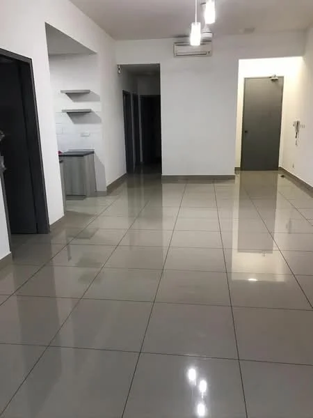 Room features: glossy ceramic tile flooring, white painted walls, recessed downlights, wall-mounted split AC, open shelving, grey cabinetry, doorway leading to hallway, doorway leading to another room; style: modern.