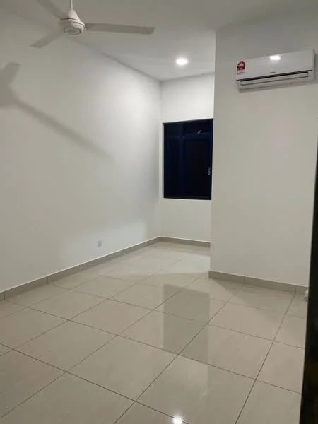 Room features: white painted walls, glossy ceramic tile flooring, recessed downlights, 1 wall-mounted split AC, floor-to-ceiling window, window with blue curtains, ceiling fan; style: modern.