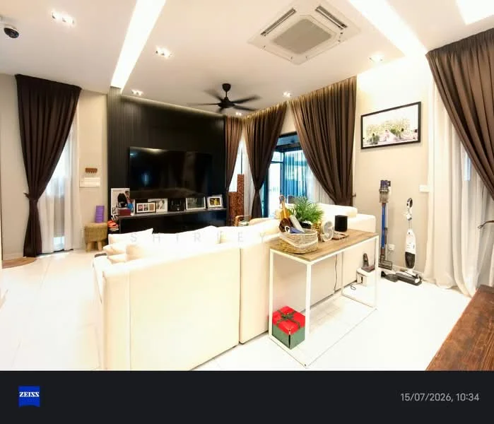 Living features: white leather sofa, 3-seater sofa, coffee table with storage, wall-mounted TV, black entertainment unit, recessed LED downlights, 5-blade ceiling fan, curtains in dark brown, light-colored tiled flooring, decorative plants, vacuum cleaner, wall art, air conditioning unit; style: modern.