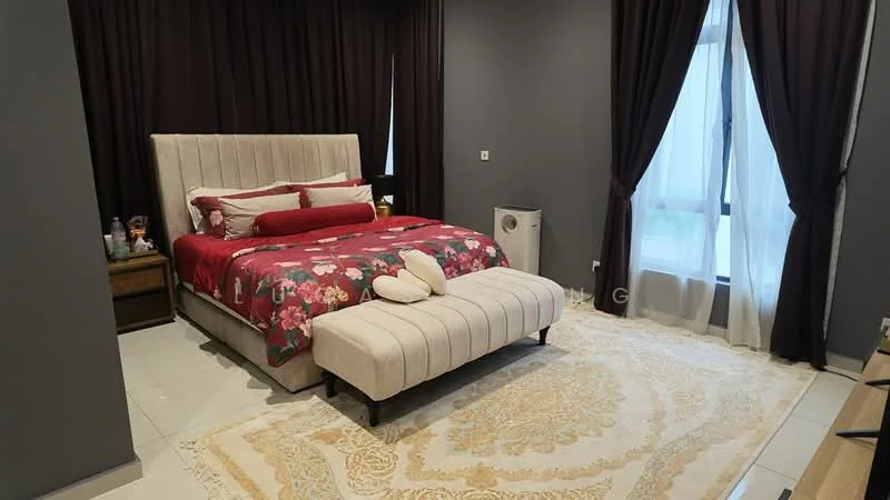 Bedroom features: king-size bed with upholstered headboard, red floral bedding, bedside tables with lamps, large area rug with intricate pattern, floor-to-ceiling windows with sheer curtains, dark brown curtains, wall-mounted air conditioner, decorative pillows on bed, light grey upholstered bench at foot of bed, grey painted walls, tile flooring; style: modern.