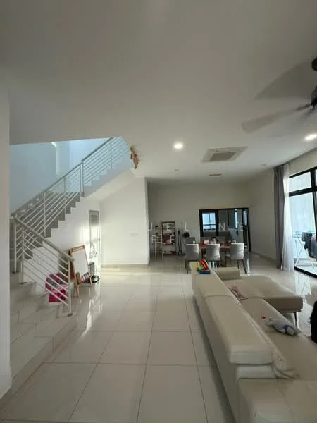 Living features: white painted walls, polished ceramic tile flooring, 5-blade ceiling fan with light, large windows with sheer curtains, sofa in light color, coffee table, dining area visible in background, staircase with white railing; style: modern; view: garden.