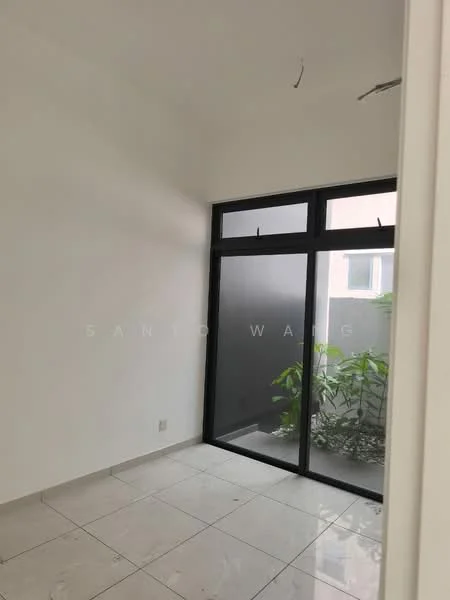 Room features: white painted walls, glossy marble tile flooring, floor-to-ceiling windows, black window frames, indoor plants visible through windows, natural light from windows; style: modern; view: garden.