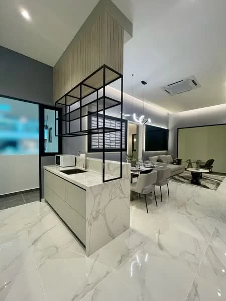 Kitchen features: marble countertop, white cabinetry, built-in microwave, stainless-steel sink, chrome pull-down faucet, open shelving, recessed LED downlights, 5-blade ceiling fan, tile flooring, dining area with upholstered chairs, modern pendant light, glass sliding door, decorative wall paneling; style: modern.