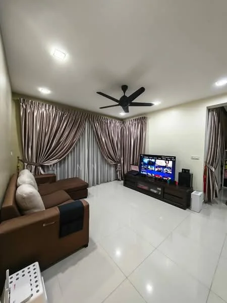 Living features: 3-seater fabric sofa in brown, 2-seater fabric sofa in beige, ceiling fan with light, wall-mounted TV, TV console in dark wood, white ceramic tile flooring, floor-to-ceiling curtains in beige, decorative wall with light paint, recessed ceiling lights; style: modern.