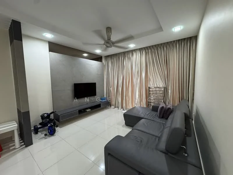 Living features: 3-seater leather sofa in grey, coffee table, wall-mounted TV, TV console, area rug, 5-blade ceiling fan, recessed LED downlights, curtains in beige, white painted walls, glossy tile flooring; style: modern.