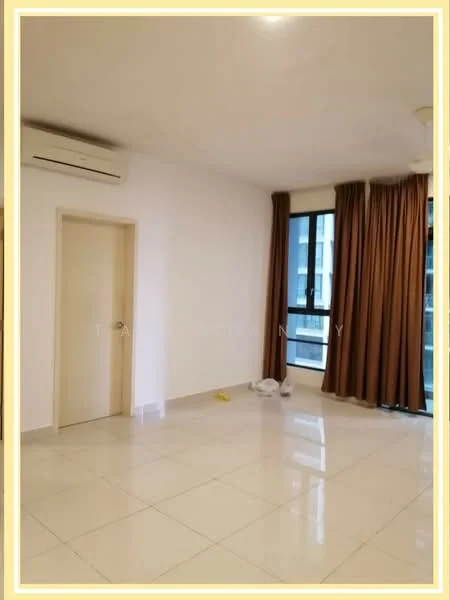 Room features: white painted walls, glossy ceramic tile flooring, floor-to-ceiling windows, brown curtains, 1 wall-mounted split AC, light ceiling with recessed lighting, plain door, neutral decor; style: modern.