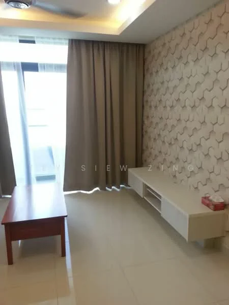 Living features: light-coloured wall with geometric pattern, cream painted walls, white ceiling with recessed lighting, 5-blade ceiling fan, large sliding glass door, floor-to-ceiling curtains, light-coloured tiled flooring, wooden coffee table, low-profile TV console; style: modern.
