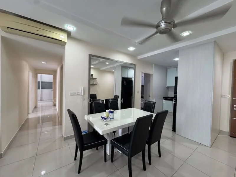 Dining features: white dining table, 6 black upholstered dining chairs, recessed downlights, ceiling fan, mirror on wall, tile flooring, air conditioning unit, open layout to kitchen, wall-mounted shelves, neutral wall color; style: modern. Hallway features: tile flooring, neutral wall color, doorway to kitchen, doorway to living area, light fixtures.