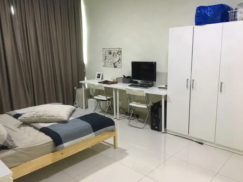 Bedroom features: queen-size bed with grey and beige bedding, white wall-mounted desk, two white chairs, white wardrobe with sliding doors, large floor-to-ceiling window with sheer curtains, cream painted walls, glossy white tile flooring, decorative wall grid, black desktop computer, black printer, blue storage bag on top of wardrobe; style: modern.