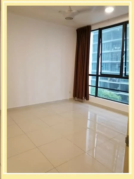 Room features: white painted walls, glossy ceramic tile flooring, floor-to-ceiling windows, brown curtain, ceiling fan, recessed downlights; style: modern; view: garden.