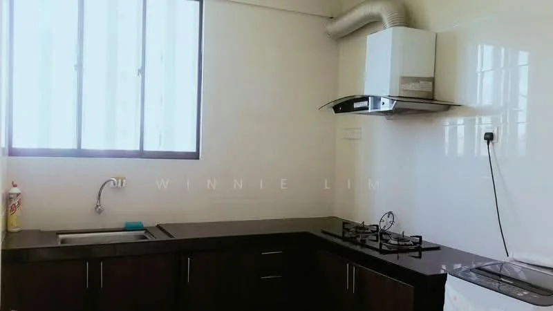 Kitchen features: single-bowl stainless-steel sink, chrome pull-down faucet, black laminate cabinetry, white tiled backsplash, built-in gas hob with two burners, stainless-steel range hood, white walls, window with multiple panes, countertop with smooth surface, freestanding washing machine; style: modern.