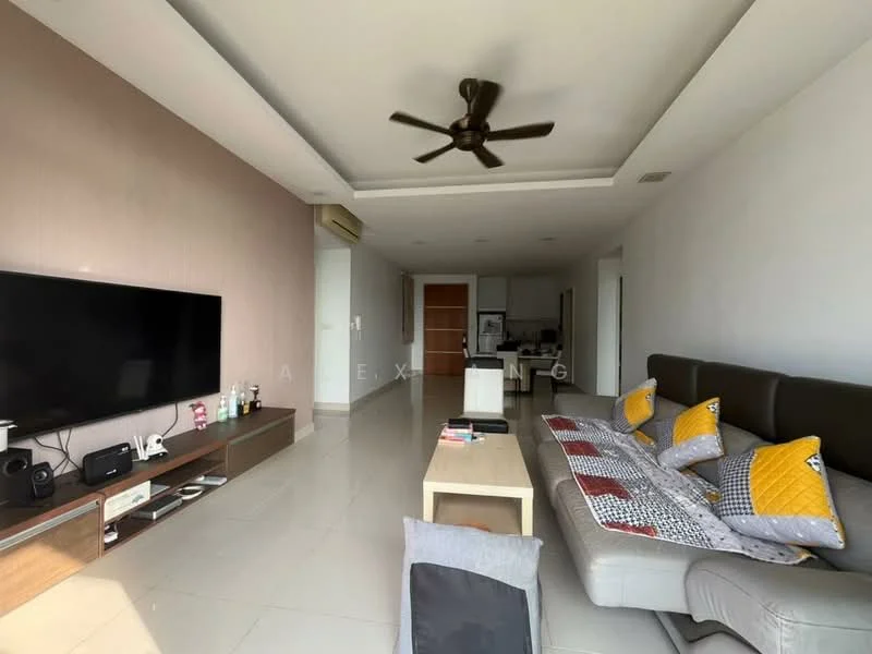 Living features: grey leather sofa, yellow accent pillows, coffee table, wall-mounted TV, TV console, white painted walls, recessed downlights, ceiling fan, large windows, tile flooring; style: modern.