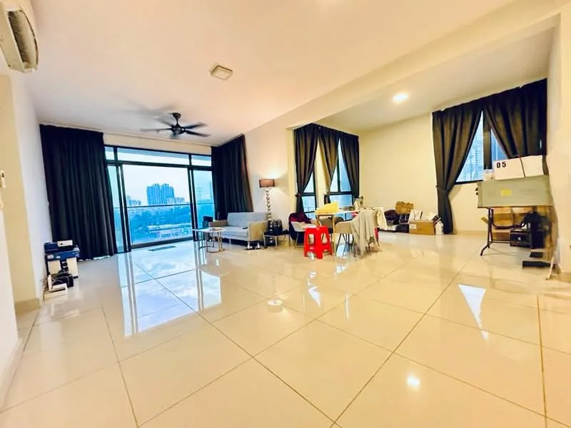 Living features: large floor-to-ceiling windows, grey fabric sofa, white coffee table, red plastic chairs, recessed downlights, 5-blade ceiling fan, cream painted walls, glossy porcelain tile flooring, dark curtains, decorative lamp, open layout, city view; style: modern; view: city.