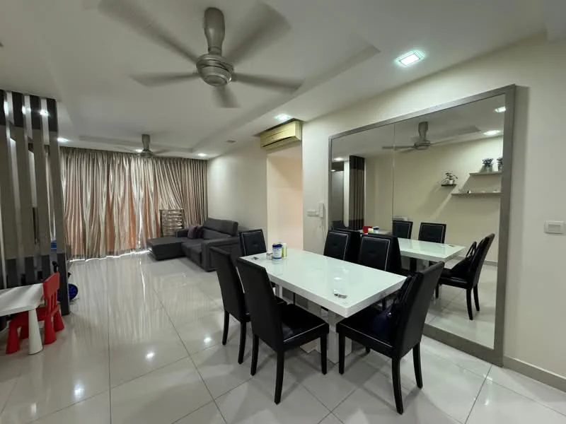 Dining features: white dining table, black dining chairs, large mirror on wall, recessed ceiling lights, 5-blade ceiling fan, cream painted walls, glossy tile flooring, sofa in background, curtains on windows, decorative shelf on wall; style: modern. Living features: grey fabric sofa, coffee table, TV console, recessed ceiling lights, cream painted walls, glossy tile flooring, curtains on windows; style: modern.