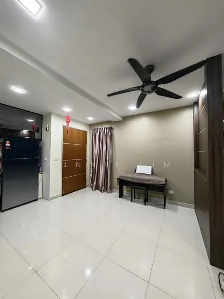 Living features: white tiled flooring, green accent wall, recessed downlights, 5-blade ceiling fan, floor-to-ceiling curtains, wooden feature wall, dining table, fridge; style: modern.
