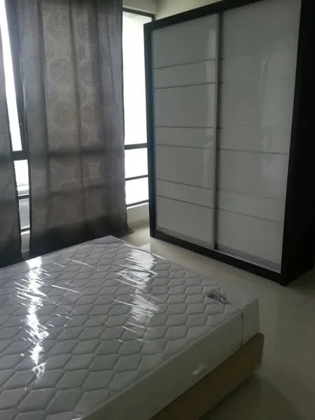 Bedroom features: queen-size bed with mattress, black wardrobe with sliding doors, floor-to-ceiling windows, sheer curtains, light-colored walls, light-colored flooring, minimalist decor; style: modern.