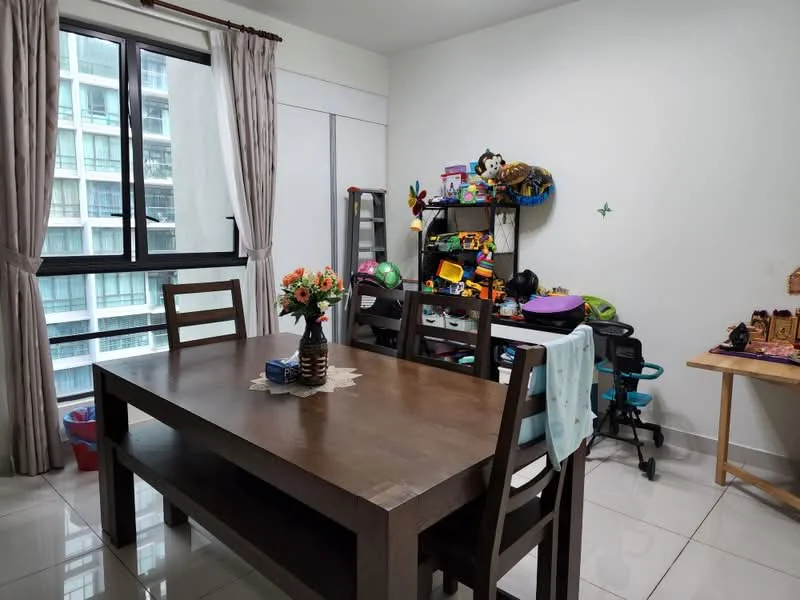 Dining features: wooden dining table, 4 wooden dining chairs, decorative table centerpiece with flowers, white painted walls, large window with sheer curtains, tile flooring, children's toys on shelves, small side table, black office chair, green toy storage, mirror on wall; style: modern; view: city.