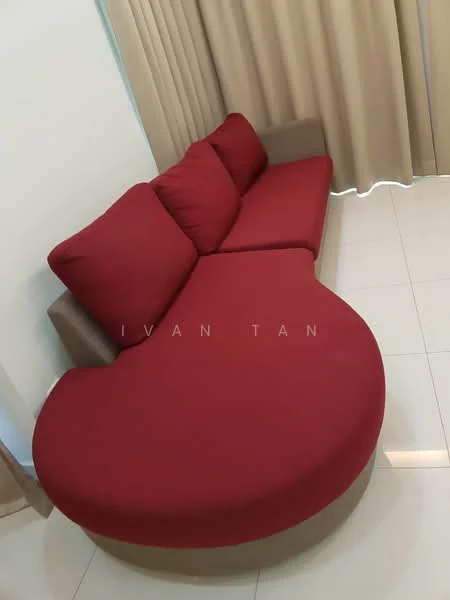 Living features: curved red fabric sectional sofa, cream wall, floor-to-ceiling curtains, glossy white tile flooring; style: modern.