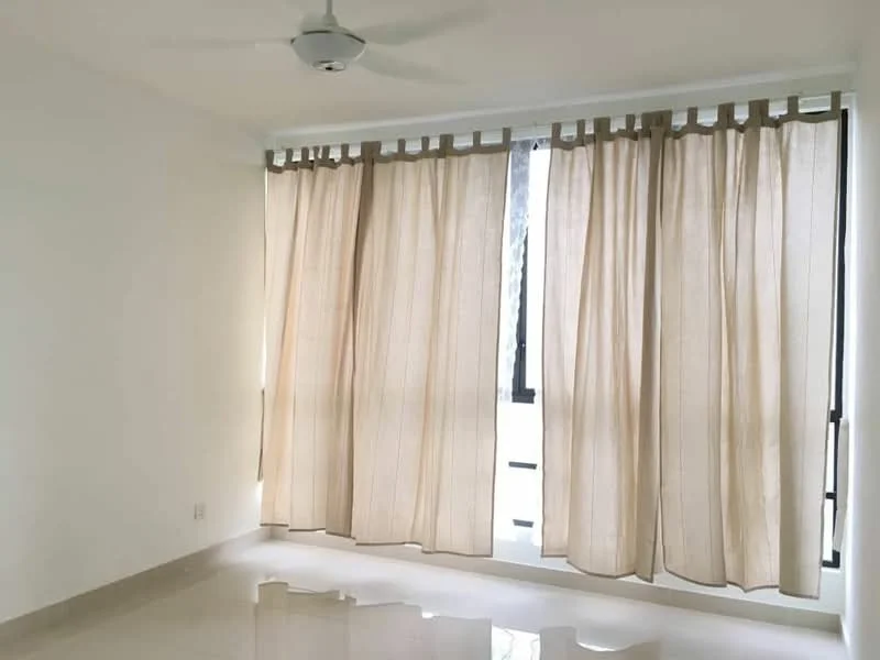 Room features: cream curtains, floor-to-ceiling windows, white painted walls, polished tile flooring, ceiling fan; style: modern.