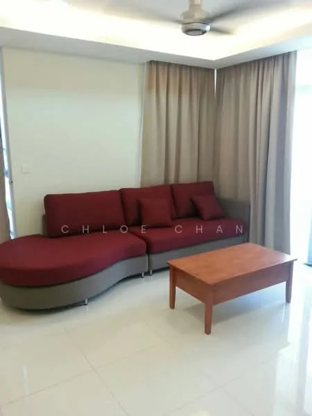 Living features: L-shape sectional sofa in red fabric, coffee table in wood, cream walls, white ceiling, recessed downlights, floor-to-ceiling windows, sheer curtains, glossy tile flooring, ceiling fan; style: modern.