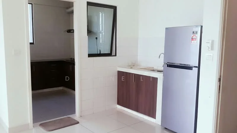 Kitchen features: white tiled walls, brown cabinetry, stainless-steel fridge, single-bowl stainless-steel sink, chrome pull-down faucet, countertop with space for appliances, window for natural light, tile flooring; style: modern. Room features: grey tiled flooring, white walls, window, unknown cabinetry.