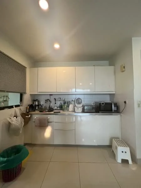 Kitchen features: white cabinetry, stainless-steel appliances, built-in microwave, freestanding range oven, single-bowl stainless-steel sink, chrome pull-down faucet, white countertop, ceramic tile flooring, recessed downlights, window with blinds, kitchen utensils and appliances visible, green waste bin, white step stool; style: modern.