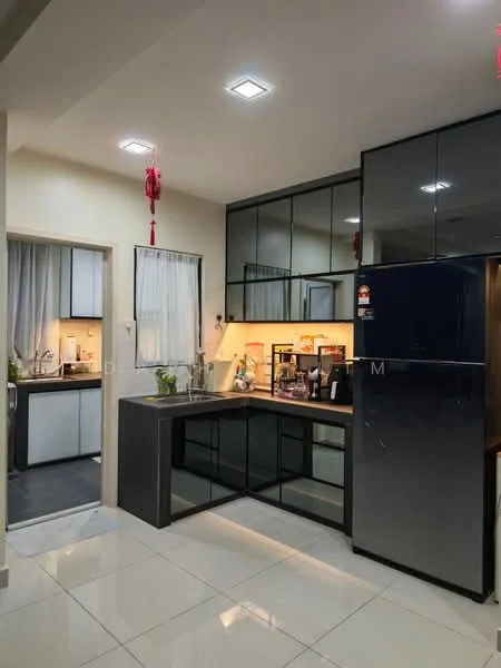 Kitchen features: black glossy cabinetry, white quartz countertop, stainless-steel single-bowl sink, chrome pull-down faucet, built-in oven, freestanding fridge, recessed LED downlights, white tiled backsplash, ceramic tile flooring, window with sheer curtains, open shelving, decorative plants; style: modern.