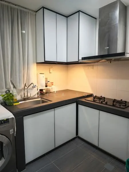 Kitchen features: L-shaped countertop, grey granite countertop, white flat-panel cabinets, stainless-steel sink, chrome pull-down faucet, built-in gas hob with 2 burners, white tiled backsplash, grey ceramic tile flooring, washing machine, under-cabinet lighting, curtains, wall-mounted range hood; style: modern.
