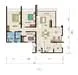 Floor plan: 3-bedroom 2-bathroom unit; features: open-plan kitchen-dining-living, master bedroom with ensuite bathroom, bedroom 2 with shared bathroom, utility room, central foyer, balcony off living room, 2 car porch, 1,250 sqft built-up.