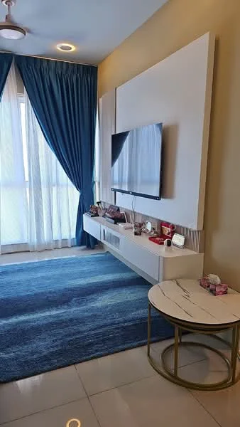 Living features: floor-to-ceiling windows, blue curtains, wall-mounted TV, white media console, round coffee table with marble top, area rug with geometric pattern, recessed downlights, light-colored walls, glossy tile flooring, ceiling fan; style: modern.