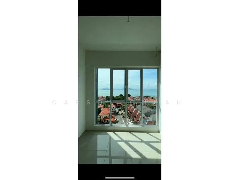 Room features: floor-to-ceiling windows, white painted walls, glossy tile flooring, city view, natural light from windows; style: modern; view: city.
