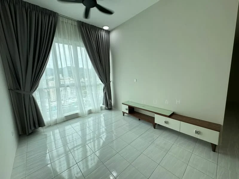Living features: floor-to-ceiling windows, sheer curtains, grey curtains, white walls, white tiled flooring, ceiling fan, wooden TV console, mounting brackets on wall; style: modern; view: city.