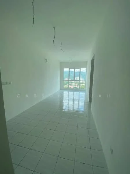 Room features: white painted walls, glossy white tile flooring, large floor-to-ceiling windows, mountain view, ceiling lights, neutral color scheme; style: modern; view: mountain.