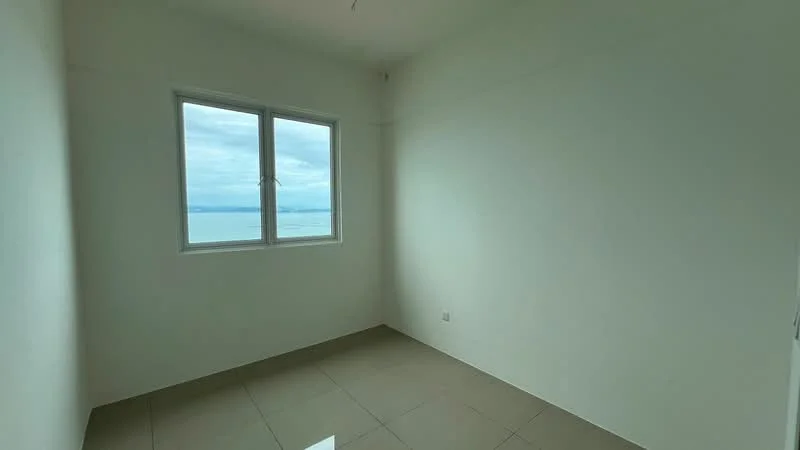 Room features: white painted walls, large window with view, grey tile flooring; view: sea.