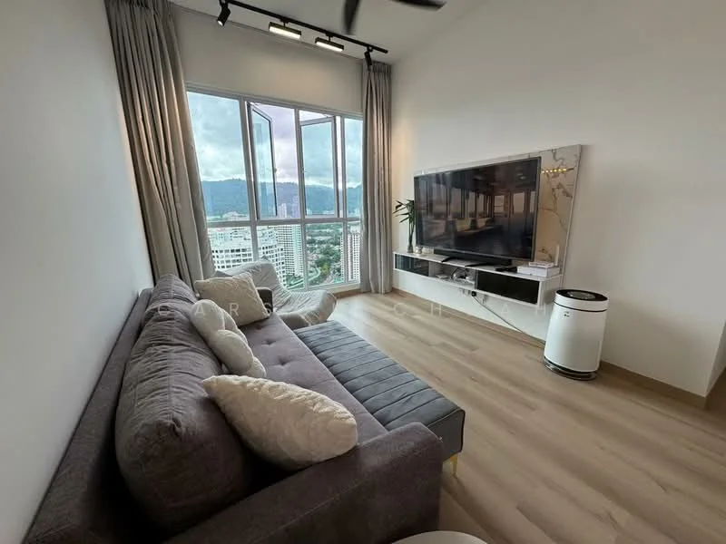 Living features: 3-seater fabric sofa in grey, decorative cushions, wall-mounted TV, TV console with storage, floor-to-ceiling windows, curtains, wooden flooring, air purifier, ceiling fan, mountain view; style: modern; view: mountain.