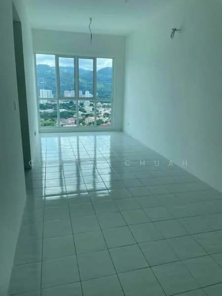 Room features: white painted walls, glossy white tile flooring, floor-to-ceiling windows, city view, mountain view, recessed lighting, no visible furniture, neutral color scheme; style: modern; view: city.
