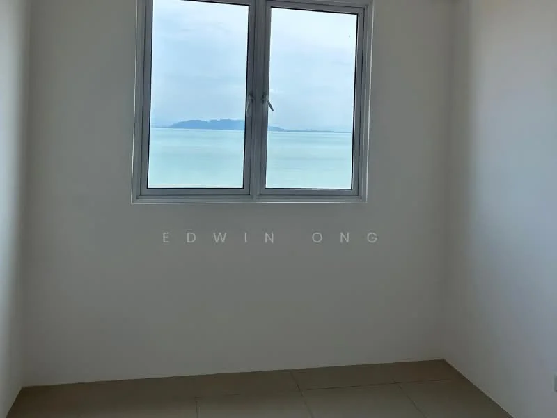 Room features: white painted walls, floor-to-ceiling window, sea view, tile flooring; view: sea.
