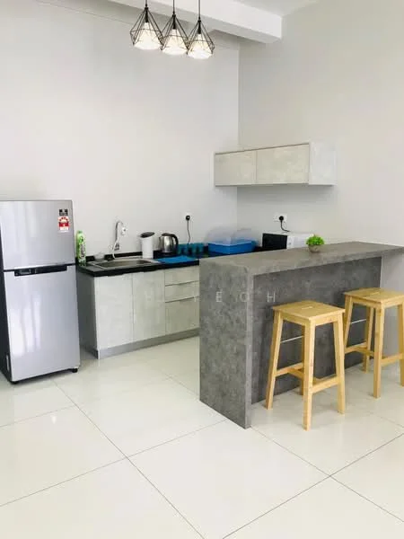 Kitchen features: white painted walls, polished tile flooring, grey laminate countertop, stainless-steel fridge, built-in kitchen cabinets, kitchen island with seating, kettle, toaster, sink, chrome pull-down faucet, pendant lighting, wall-mounted power outlets; style: modern.