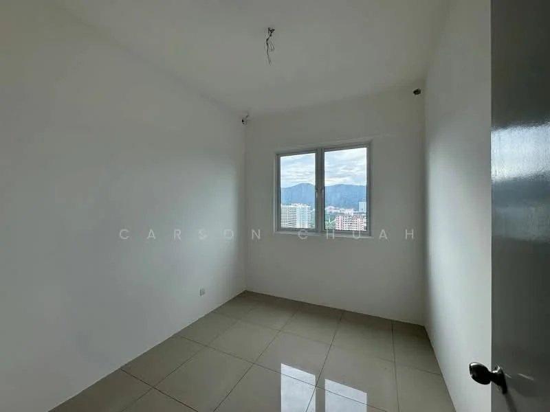 Room features: white painted walls, glossy ceramic tile flooring, floor-to-ceiling window, mountain view, single light fixture, no visible furniture; view: mountain.