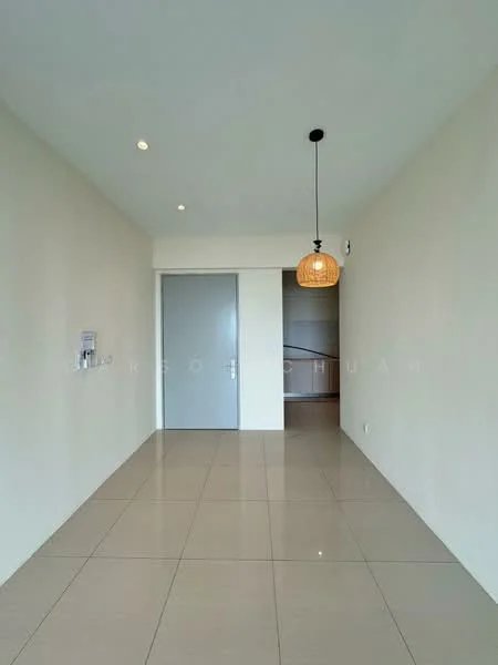 Room features: cream painted walls, glossy tile flooring, recessed downlights, pendant light fixture, grey door, open space layout; style: modern.