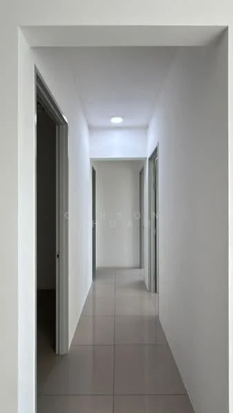 Hallway features: white painted walls, tile flooring, recessed ceiling lights, door frames, neutral color scheme; style: modern.